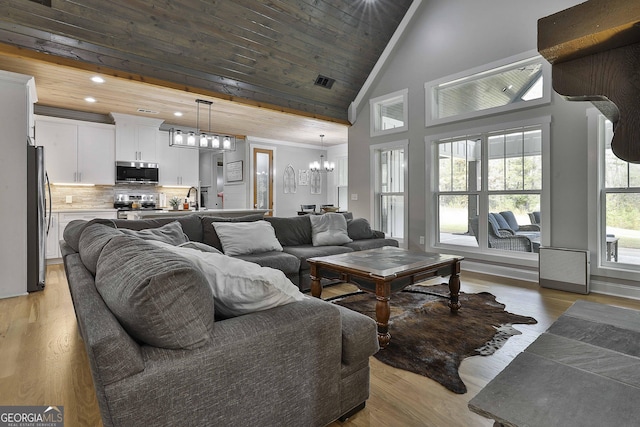 living room featuring sink, high vaulted ceiling, a chandelier, and light hardwood / wood-style floors