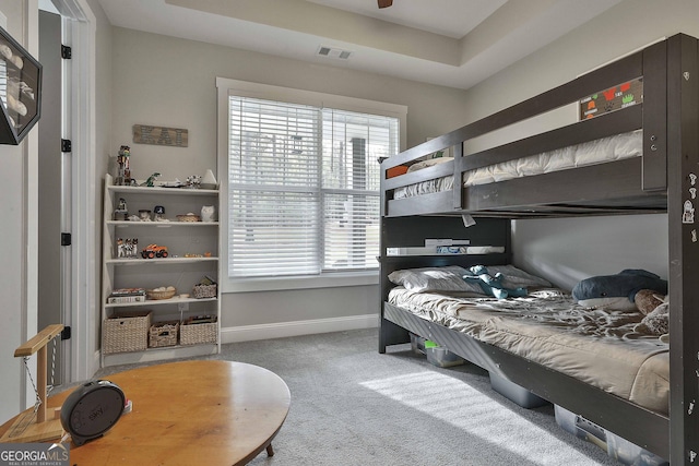 carpeted bedroom featuring a tray ceiling