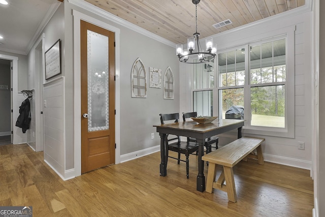 dining space featuring wood ceiling, ornamental molding, a chandelier, and light hardwood / wood-style flooring