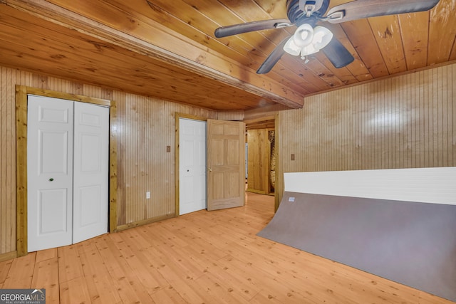 interior space featuring light hardwood / wood-style flooring, ceiling fan, and wooden ceiling