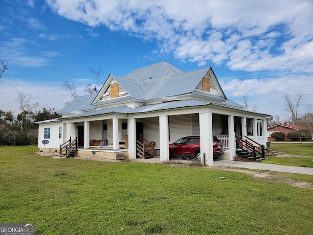 exterior space featuring covered porch and a front lawn