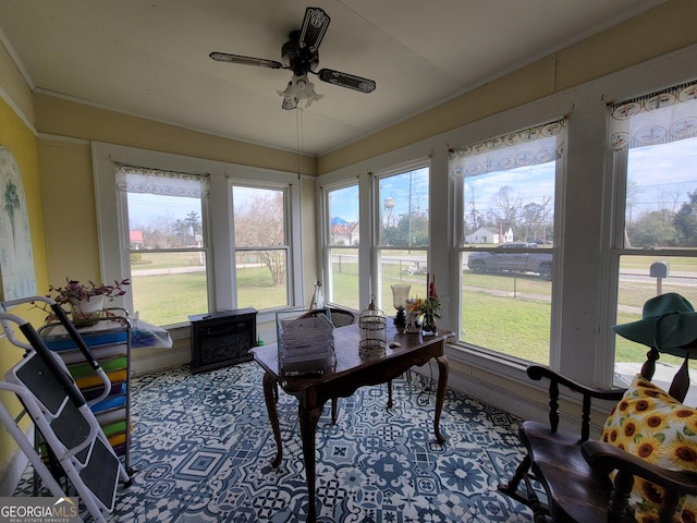 interior space featuring ceiling fan and plenty of natural light