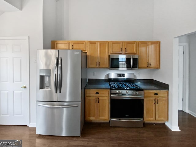 kitchen with stainless steel appliances, dark countertops, dark wood-style flooring, and a towering ceiling