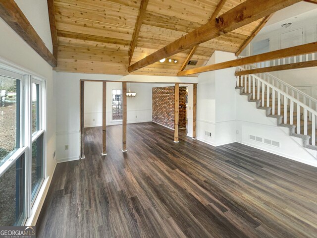 unfurnished living room with high vaulted ceiling, beamed ceiling, wooden ceiling, and dark hardwood / wood-style floors