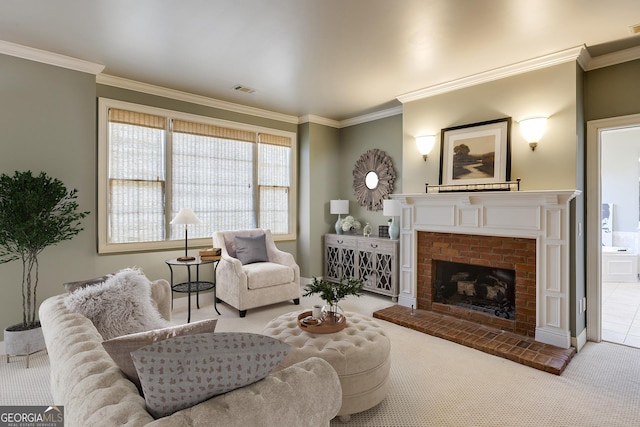 living room with ornamental molding, light colored carpet, a fireplace, and visible vents