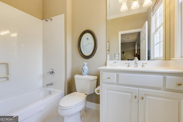 full bathroom with plenty of natural light, toilet, shower / tub combination, crown molding, and vanity