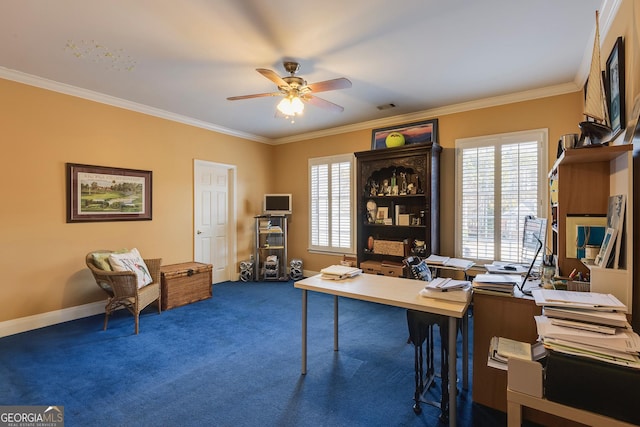 home office with ceiling fan, visible vents, baseboards, dark carpet, and crown molding