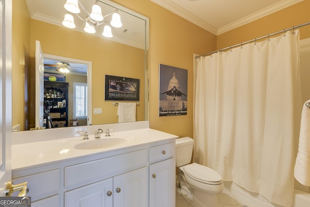 bathroom featuring visible vents, toilet, ornamental molding, shower / bath combo with shower curtain, and vanity