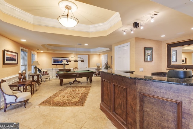 rec room featuring a tray ceiling, crown molding, recessed lighting, light tile patterned flooring, and billiards