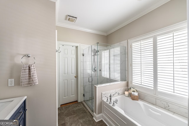 bathroom featuring stone finish floor, a bath, visible vents, crown molding, and a shower stall
