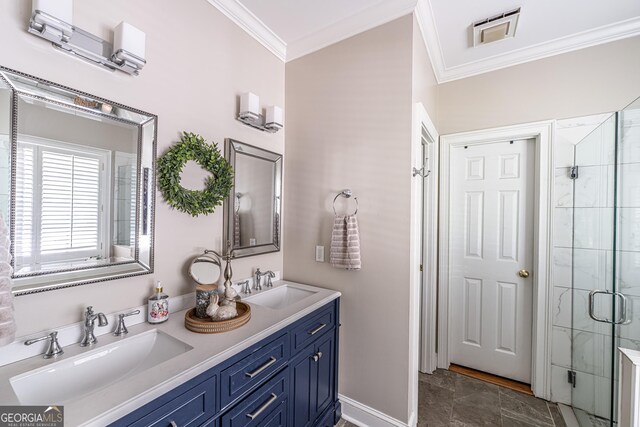 bathroom with a sink, ornamental molding, a shower stall, and visible vents