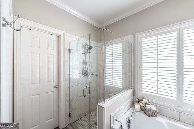 bathroom featuring crown molding, a shower stall, and a bath