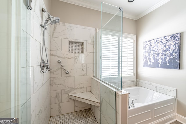 full bath featuring crown molding, plenty of natural light, a garden tub, and a stall shower