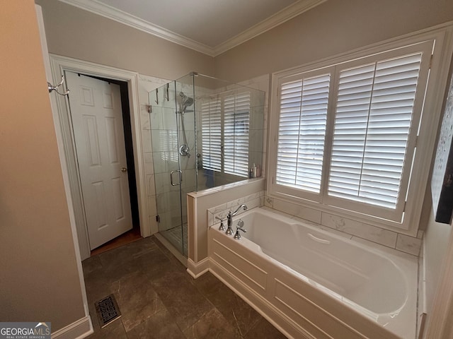 full bath with a garden tub, visible vents, ornamental molding, a shower stall, and baseboards