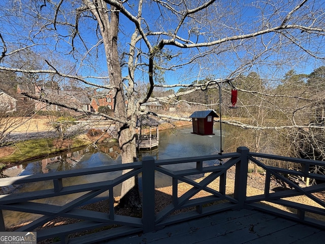 exterior space with a water view