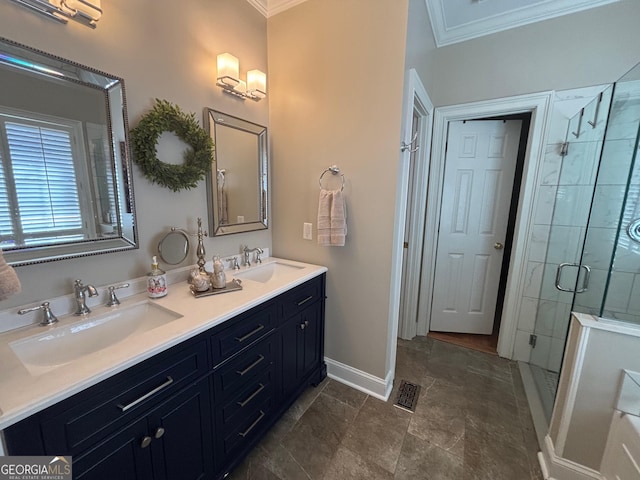 bathroom featuring ornamental molding, a sink, visible vents, and a shower stall