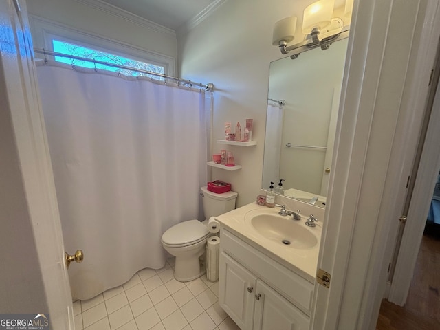 bathroom with a shower with shower curtain, toilet, tile patterned floors, crown molding, and vanity