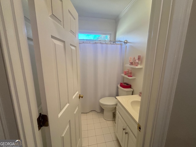 bathroom with crown molding, a shower with shower curtain, toilet, vanity, and tile patterned flooring