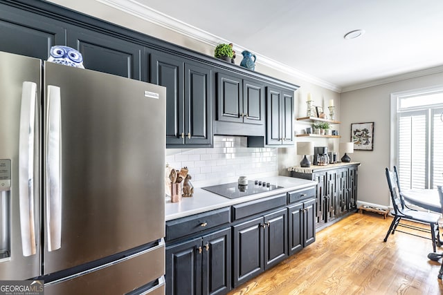 kitchen featuring open shelves, black electric stovetop, stainless steel fridge with ice dispenser, backsplash, and ornamental molding