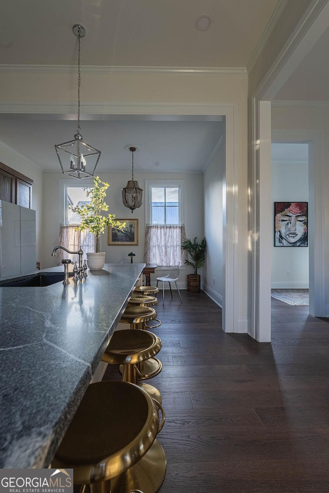 interior space with crown molding, dark hardwood / wood-style floors, and sink