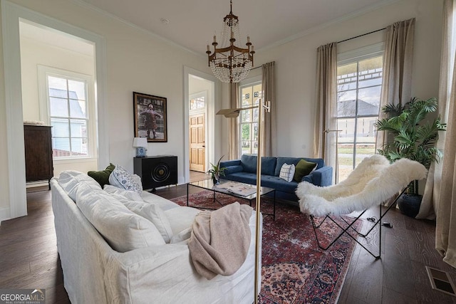 living room with crown molding, a chandelier, and dark hardwood / wood-style flooring