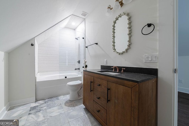 full bathroom featuring shower / tub combination, lofted ceiling, vanity, and toilet