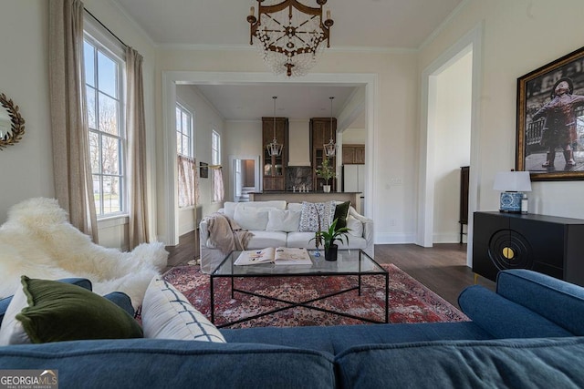 living room with a notable chandelier, crown molding, and dark hardwood / wood-style flooring