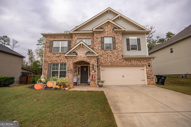 craftsman-style home featuring a front lawn and a garage