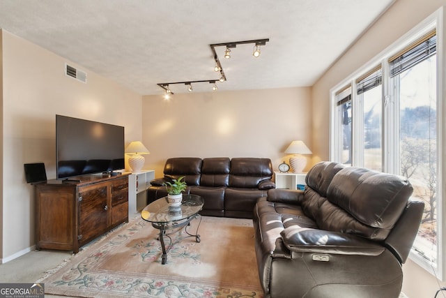 living room with track lighting, a textured ceiling, and light colored carpet