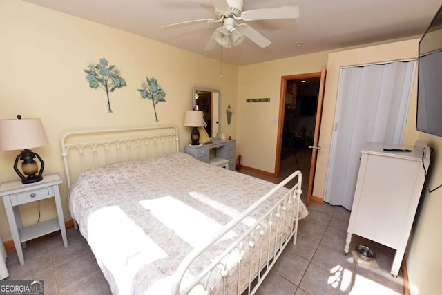 bedroom featuring ceiling fan and tile patterned flooring