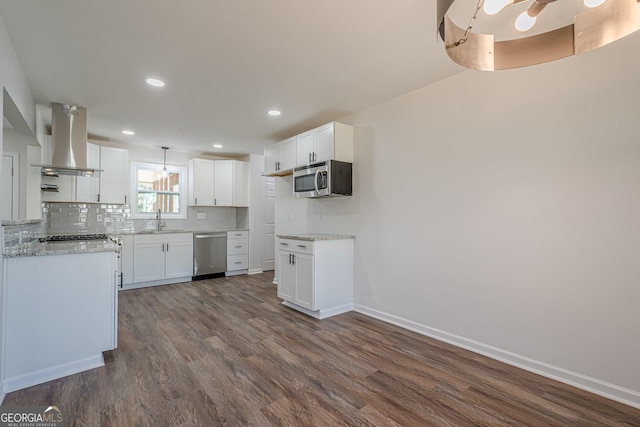 kitchen featuring a sink, dark wood finished floors, ventilation hood, stainless steel appliances, and baseboards