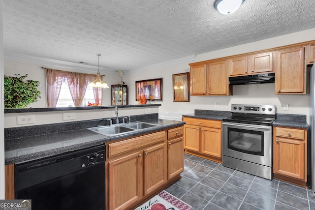 kitchen with dishwasher, stainless steel range with electric cooktop, dark countertops, and under cabinet range hood