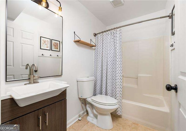 full bathroom with toilet, shower / bath combination with curtain, tile patterned flooring, and vanity