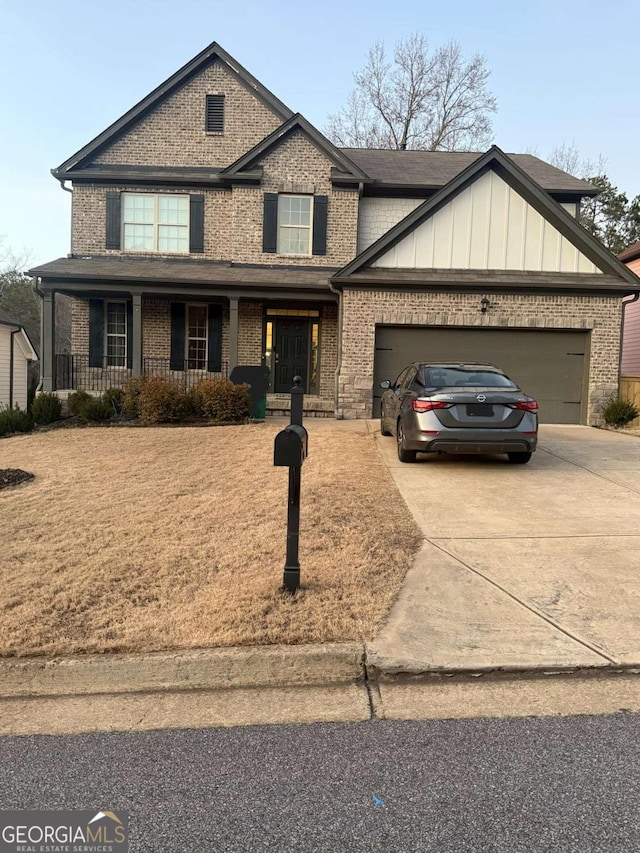 craftsman-style house with driveway, a porch, an attached garage, and brick siding