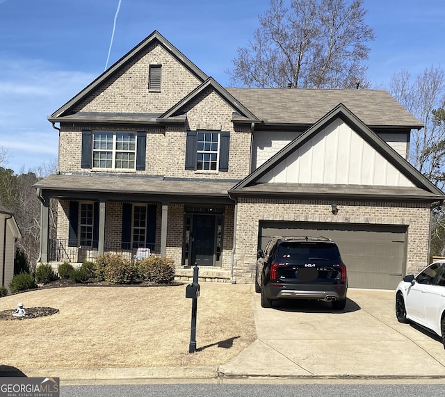 view of front of property with brick siding, an attached garage, a porch, and driveway