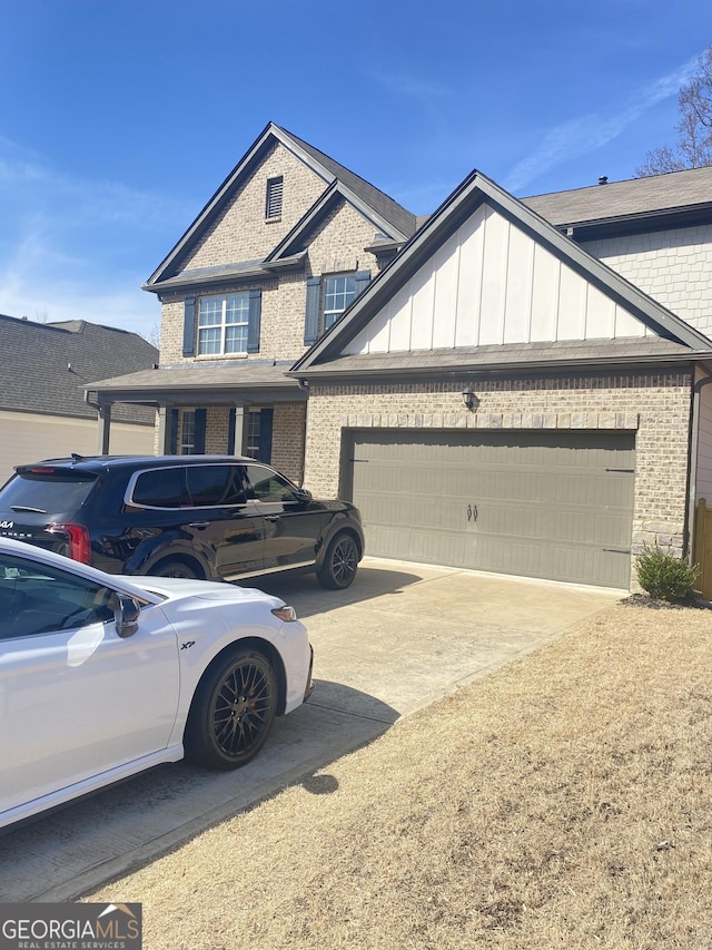 view of front of house with a garage, brick siding, board and batten siding, and driveway