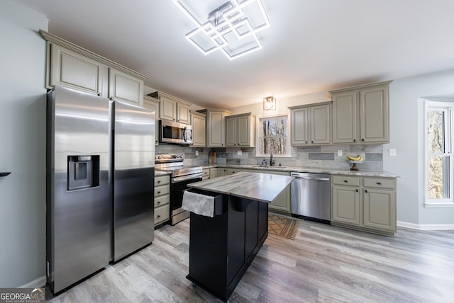 kitchen with decorative backsplash, appliances with stainless steel finishes, gray cabinetry, light wood-style floors, and a sink