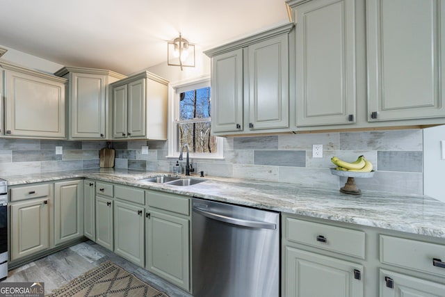 kitchen with dishwasher, backsplash, a sink, and light stone countertops