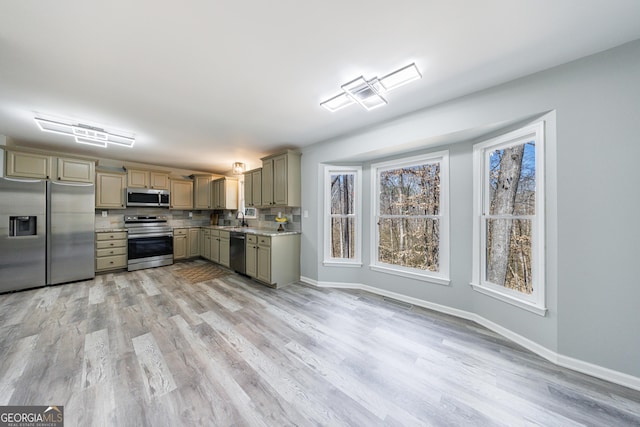 kitchen featuring light wood-style flooring, visible vents, baseboards, light countertops, and appliances with stainless steel finishes