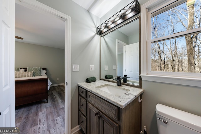 half bath featuring toilet, baseboards, wood finished floors, and vanity