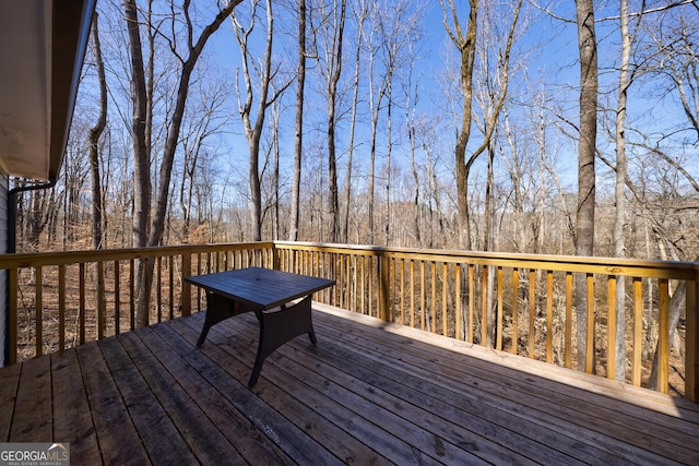 wooden deck with a wooded view