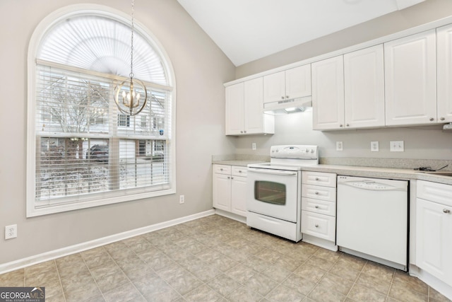 2414 Clock Face Ct, Lawrenceville, GA 30043 - kitchen with white appliances, under cabinet range hood, vaulted ceiling, light countertops, and white cabinetry