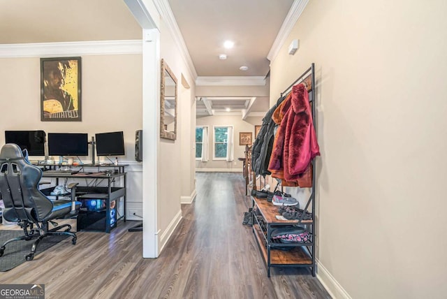 interior space featuring crown molding and wood-type flooring