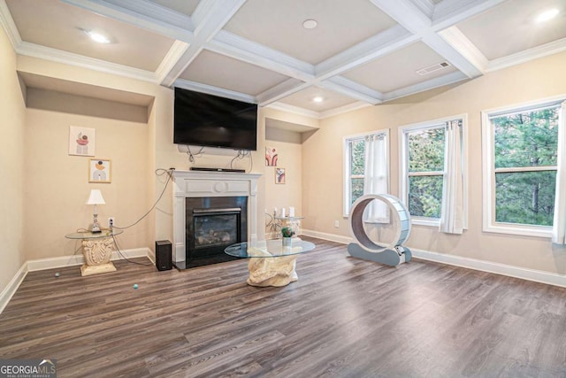 unfurnished living room with beam ceiling, dark wood-type flooring, and coffered ceiling