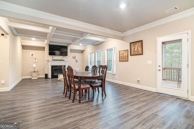 dining room featuring coffered ceiling, dark wood-type flooring, a wealth of natural light, and beamed ceiling