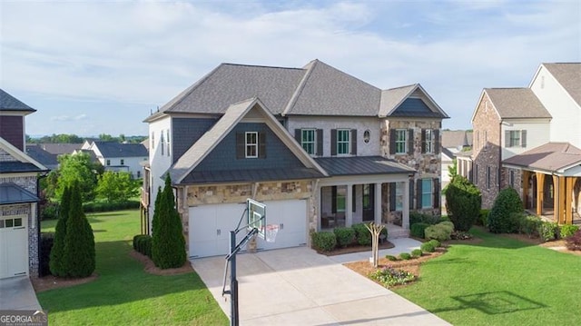 craftsman inspired home featuring driveway, stone siding, an attached garage, a standing seam roof, and a front lawn