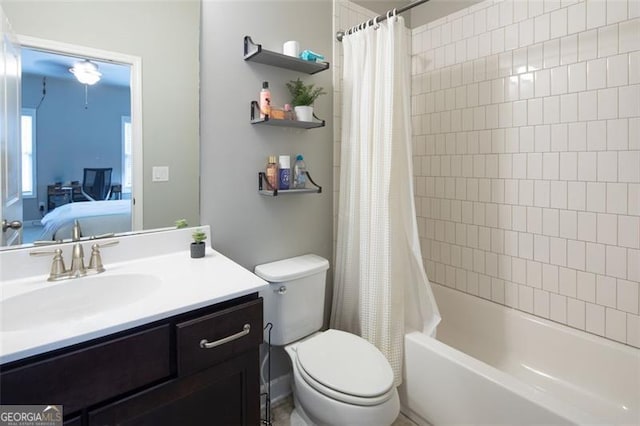 bathroom with toilet, ensuite bath, shower / bath combination with curtain, and vanity