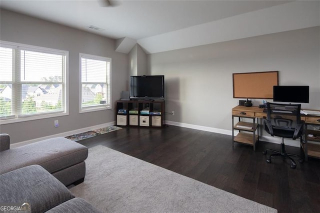 living room with lofted ceiling, visible vents, baseboards, and dark wood-type flooring