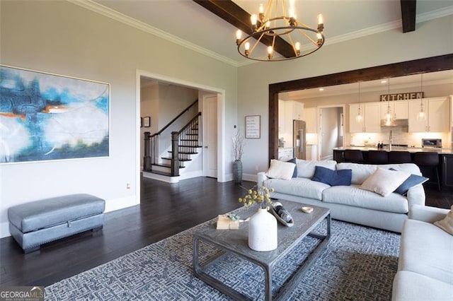 living area featuring dark wood-style floors, ornamental molding, stairs, and baseboards