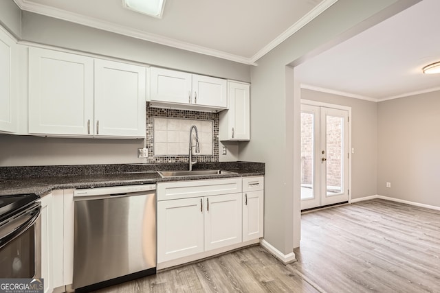 kitchen with a sink, white cabinets, french doors, stainless steel dishwasher, and crown molding